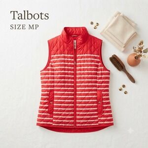 Talbots Petites Red Striped Quilted Vest MP